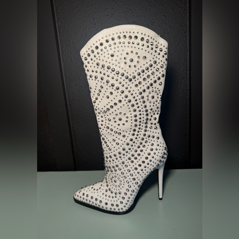 Azalea Wang White Studded Mid-Calf Heeled Boots